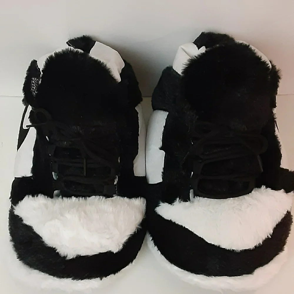 AJ 1 Plush Black and White Furry Slippers Fit Size 4 To 8